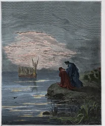 Purgatorio, Canto 2: Dante buigt voor de engelpiloot, illustratie uit De Goddelijke Komedie van Dante Alighieri, 1885